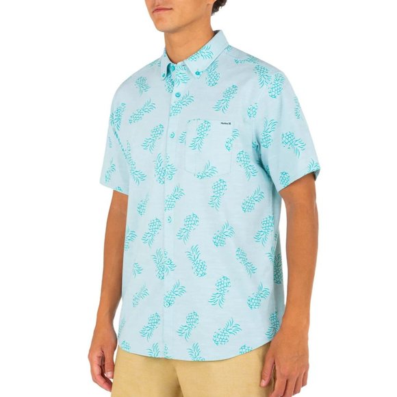 Hurley One‎ and Only Stretch Print Blue Button Down SS Shirt Men's M NWT - Picture 2 of 3